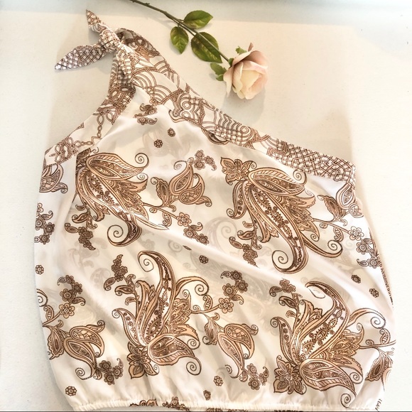 New York & Company White Tan Paisley One Shoulder Blouse NWOT - Picture 1 of 10